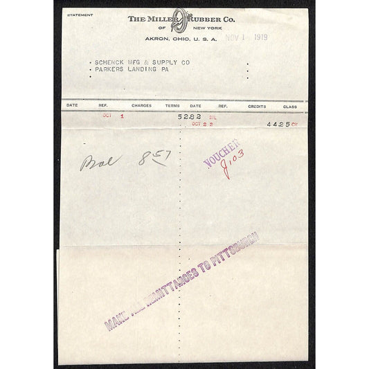 Miller Rubber Co. Akron, OH 1919 Statement / Billhead