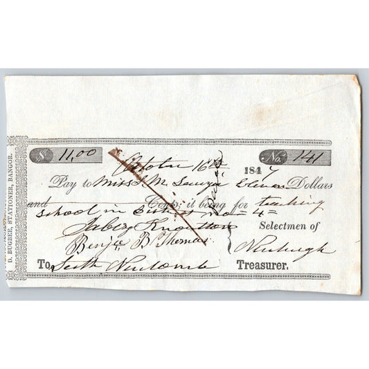 1847 Jabez Knowlton* Newburgh ME Town Check to Miss. ? for Teaching