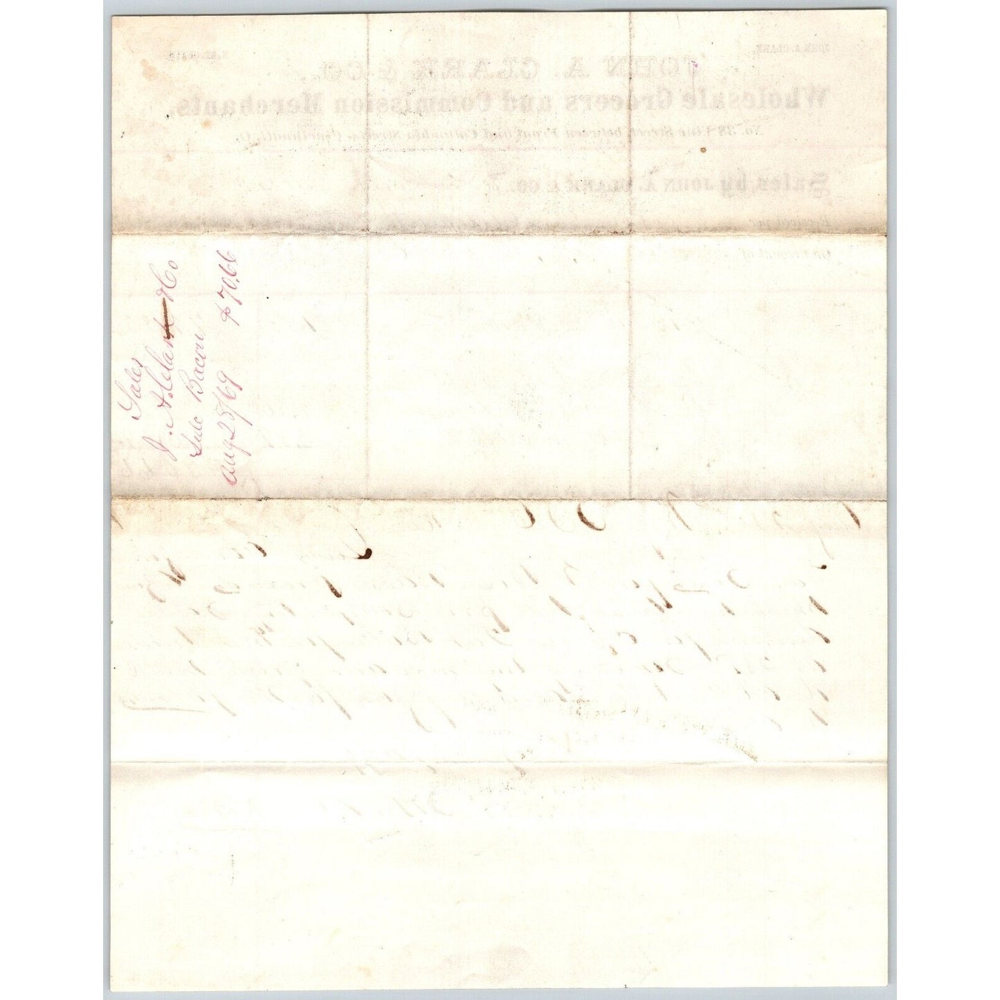 John A Clark & Co. Grocers Cincinnati 1869 Billhead w/ Note Scarce