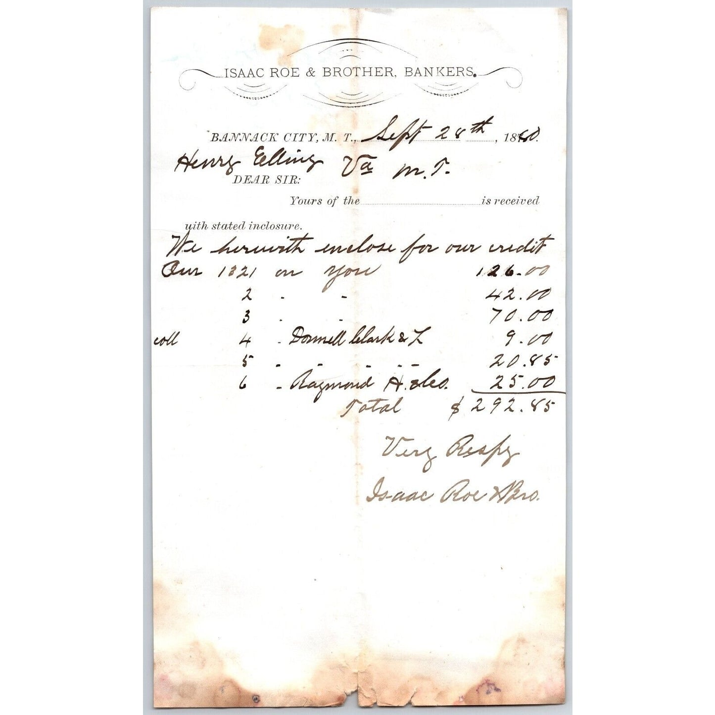 Isaac Roe & Brother, Bankers Bannack City, MT 1880 Billhead to Henry Elling*