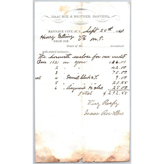 Isaac Roe & Brother, Bankers Bannack City, MT 1880 Billhead to Henry Elling*
