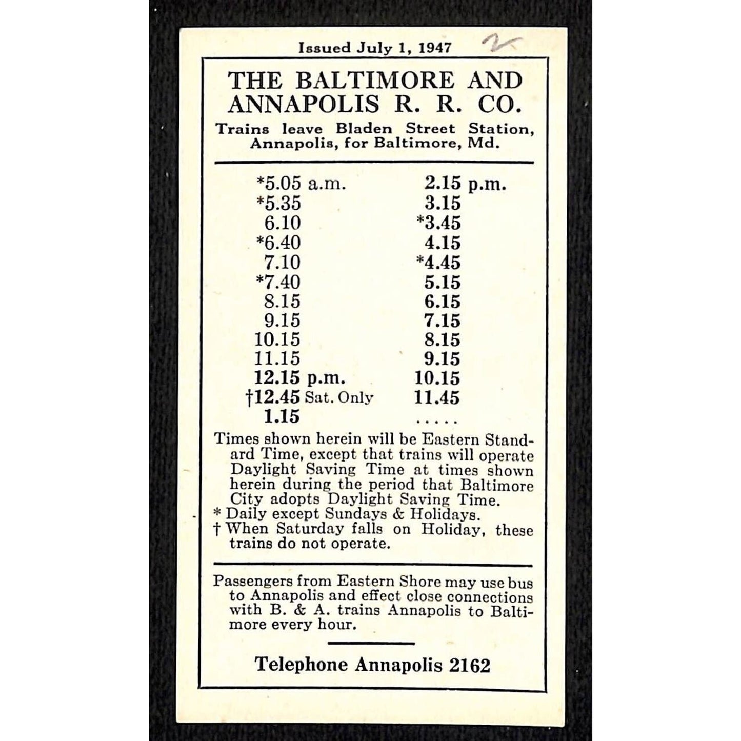 Baltimore and Annapolis RR July 1947 Pocket Schedule / Time Table VGC
