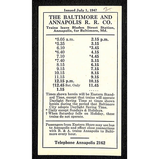 Baltimore and Annapolis RR July 1947 Pocket Schedule / Time Table VGC