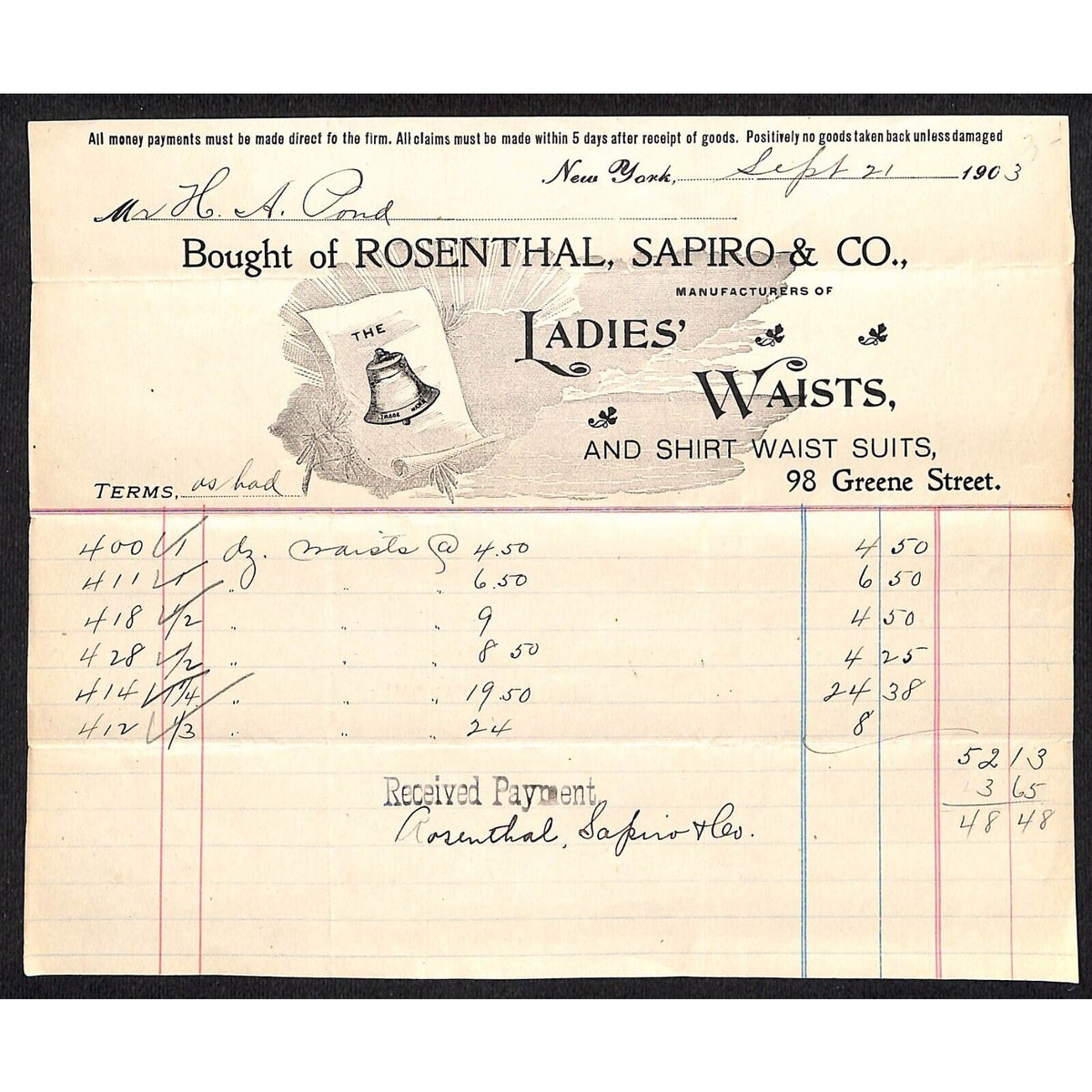 Rosenthal, Sapiro & Co. Greene St NYC Ladies Waists / Shirt Waists 1903 Billhead
