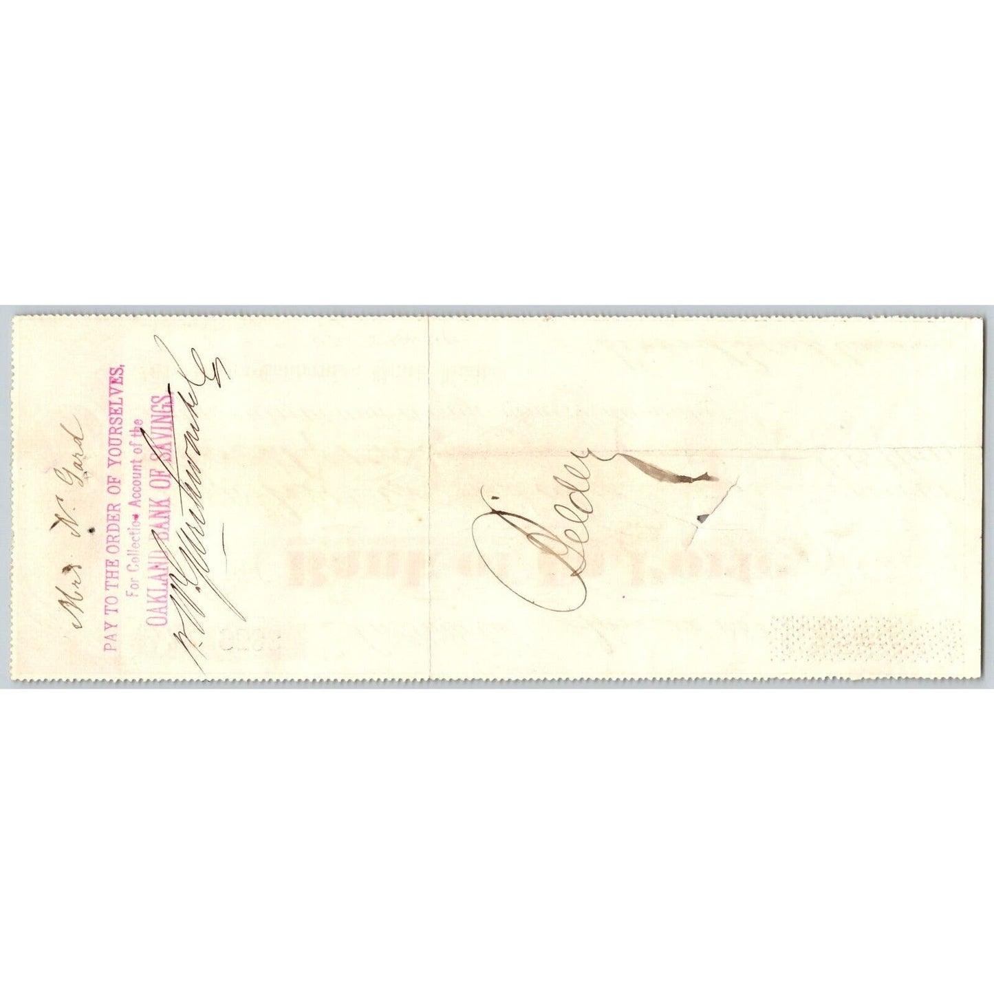 Bank of La Porte Check Mrs. N. Gard 1882 Mining Vignette RN-G1 Rev Stamp #9533