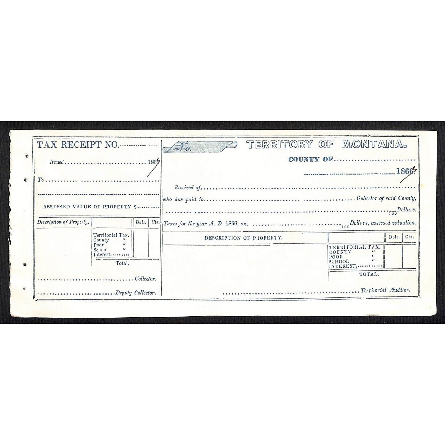1867 Territory of Montana Territorial Poor School County Tax Receipt Form (#2)