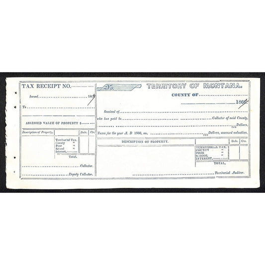1867 Territory of Montana Territorial Poor School County Tax Receipt Form (#2)