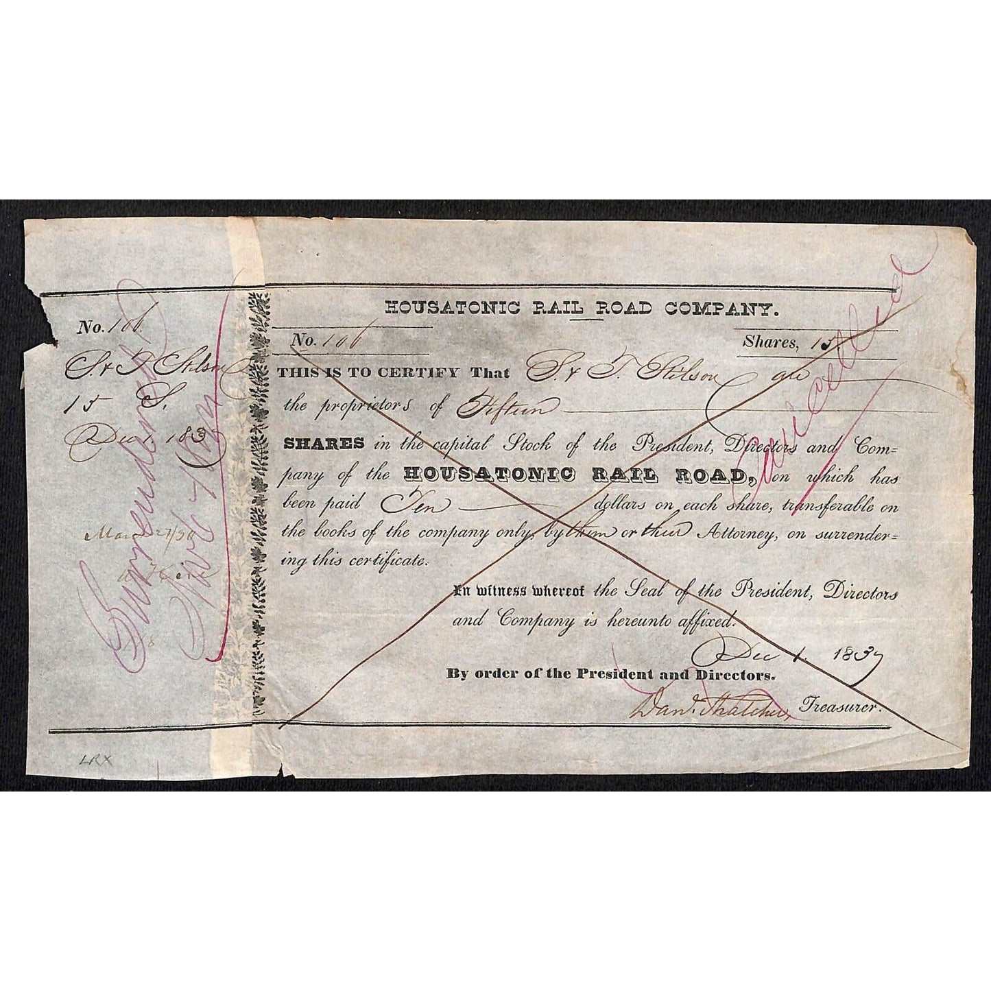 Housatonic Rail Road 1837 Stock Certificate S & J Stilson New Milford, CT Grist*