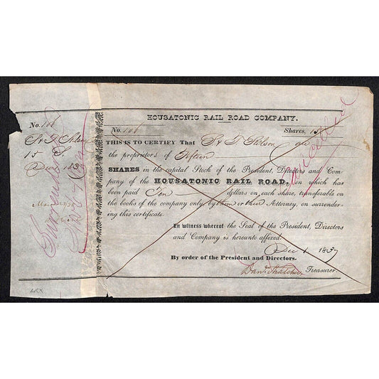 Housatonic Rail Road 1837 Stock Certificate S & J Stilson New Milford, CT Grist*