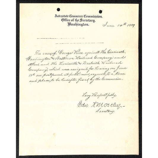 Interstate Commerce Commission 1889 ALS Letterhead re: Pre-B&O Lawsuit