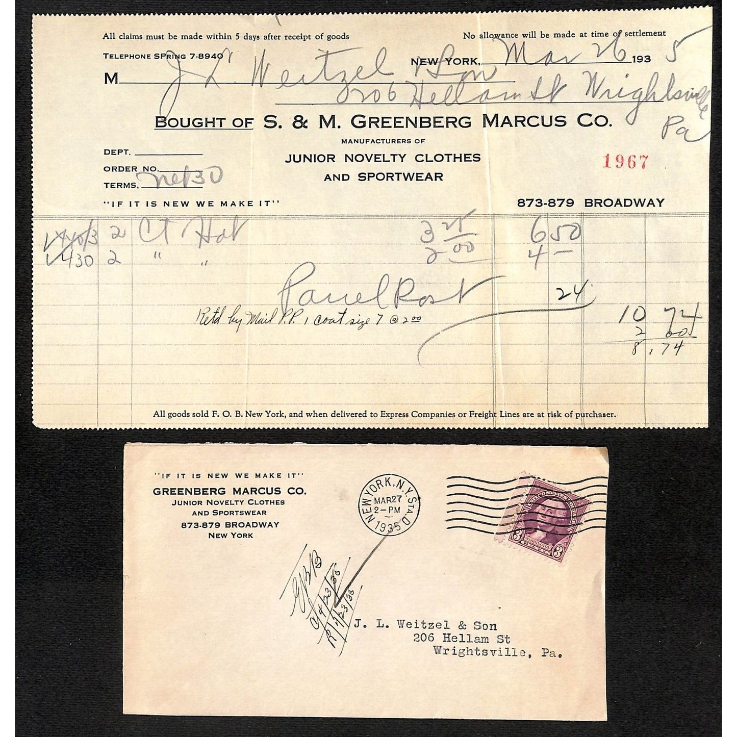 Greenberg Marcus Co. Junior Novelty Clothes Broadway NYC 1935 Billhead + Cover