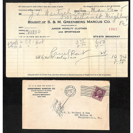 Greenberg Marcus Co. Junior Novelty Clothes Broadway NYC 1935 Billhead + Cover