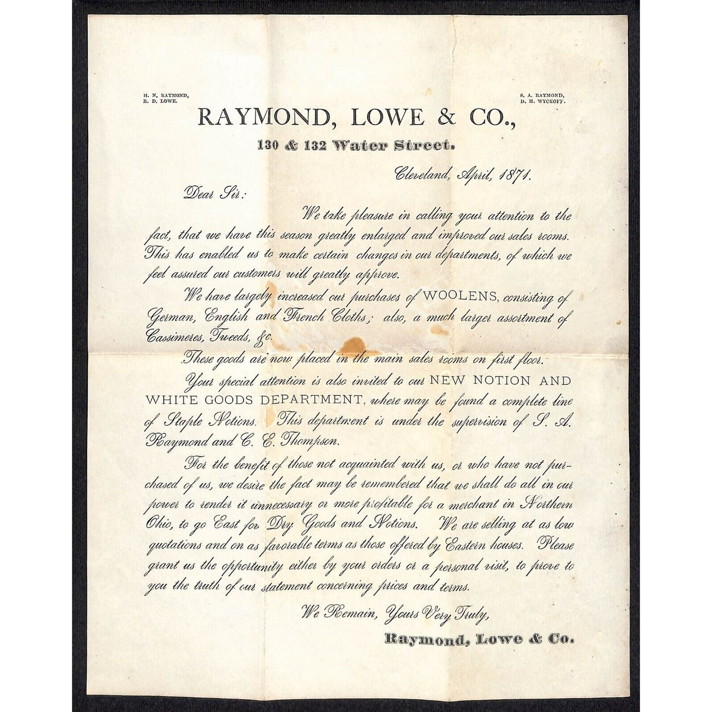 Raymond, Lowe & Co. Cleveland 1874 Letterhead Advertising Scarce