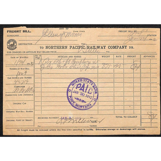 Northern Pacific Railway 1912 Freight Receipt 335 Lbs. Couplings Pony, MT
