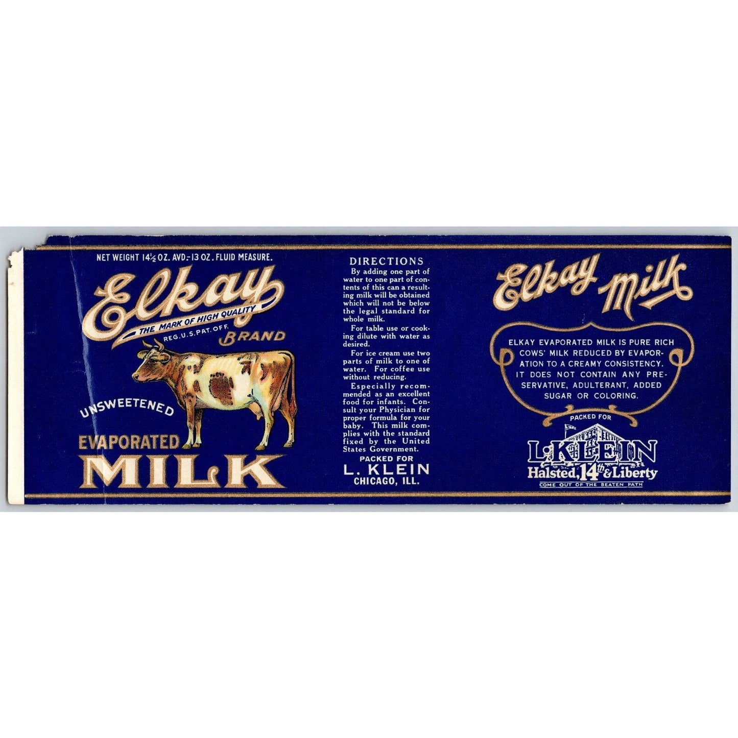 Elkay Evaporated Milk L. Klein Chicago Paper Can Label c1920's-30's Cow Creases