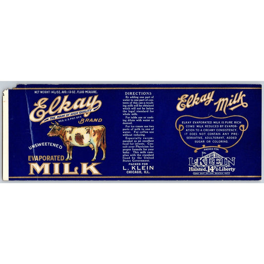 Elkay Evaporated Milk L. Klein Chicago Paper Can Label c1920's-30's Cow Creases