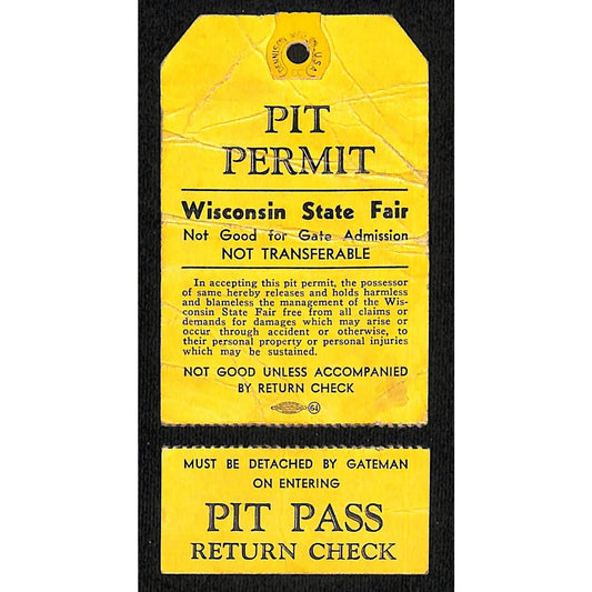 Wisconsin State Fair Pit Permit / Pit Pass Return Check Auto Racing c1940's