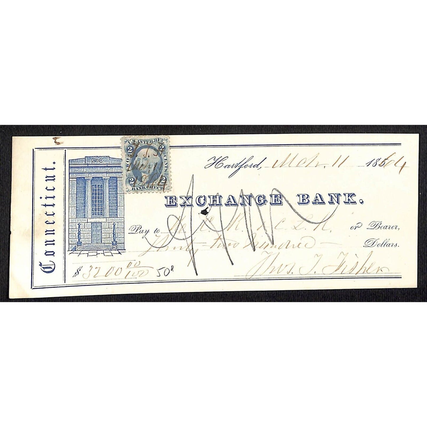 Exchange Bank Hartford, CT 1864 (1850's Stock) Bank Check w/ Tax Stamp Vignette