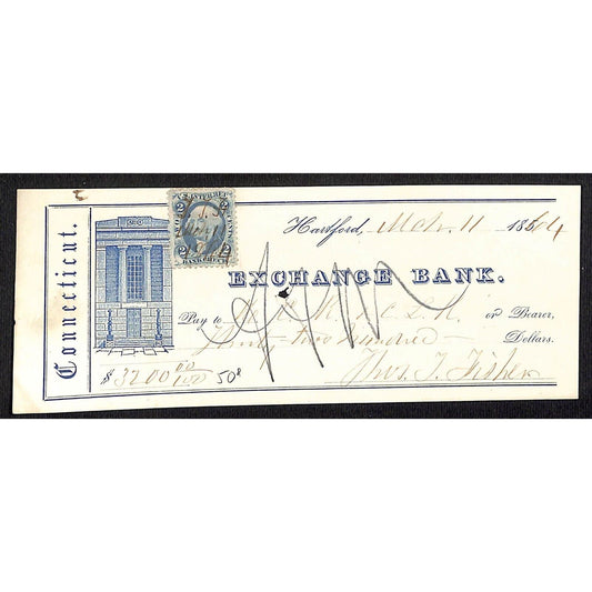 Exchange Bank Hartford, CT 1864 (1850's Stock) Bank Check w/ Tax Stamp Vignette