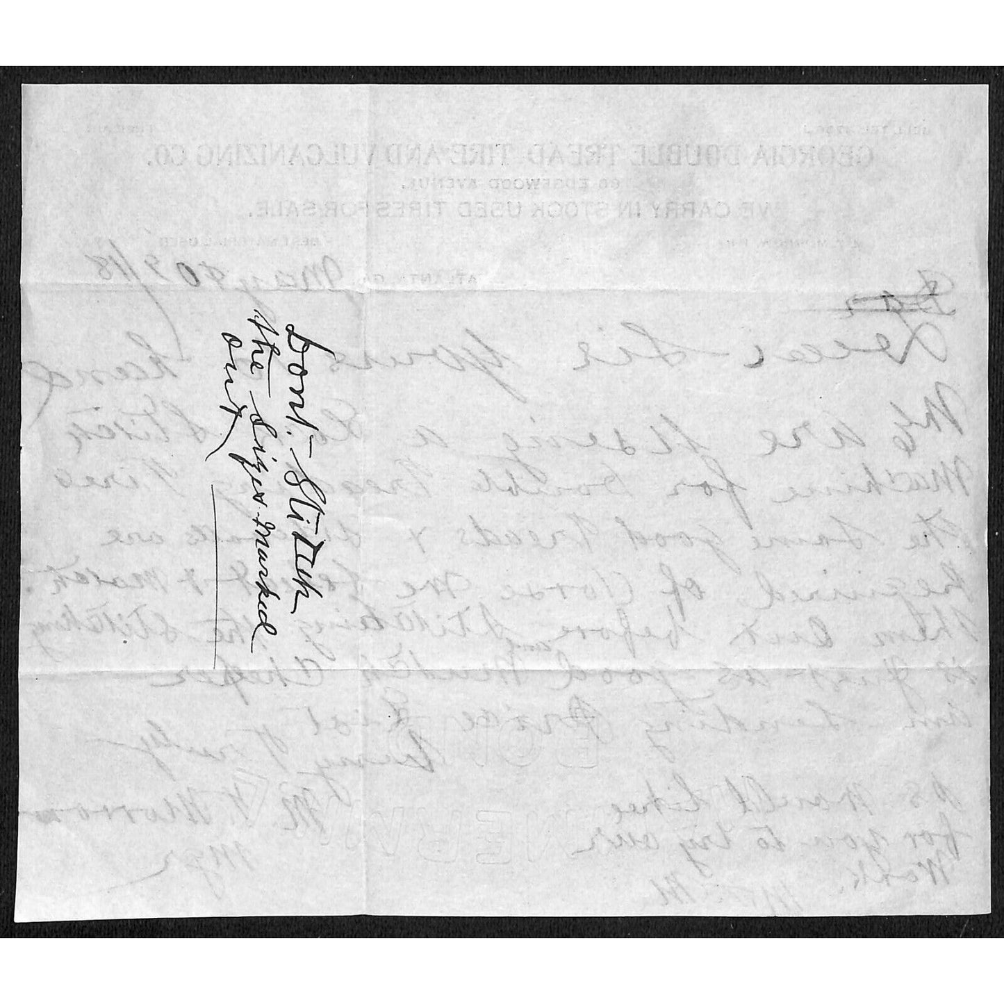 Double Tread Tire and Vulcanizing Co. Atlanta 1918 ALS Letterhead Scarce