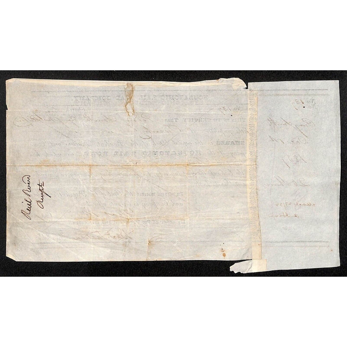Housatonic Rail Road 1837 Stock Certificate Perry Smith Senator New Milford, CT