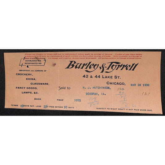 Burley & Tyrrell Crockery Chicago, IL Hutchinson Decorah IA* Cut 1902 Billhead