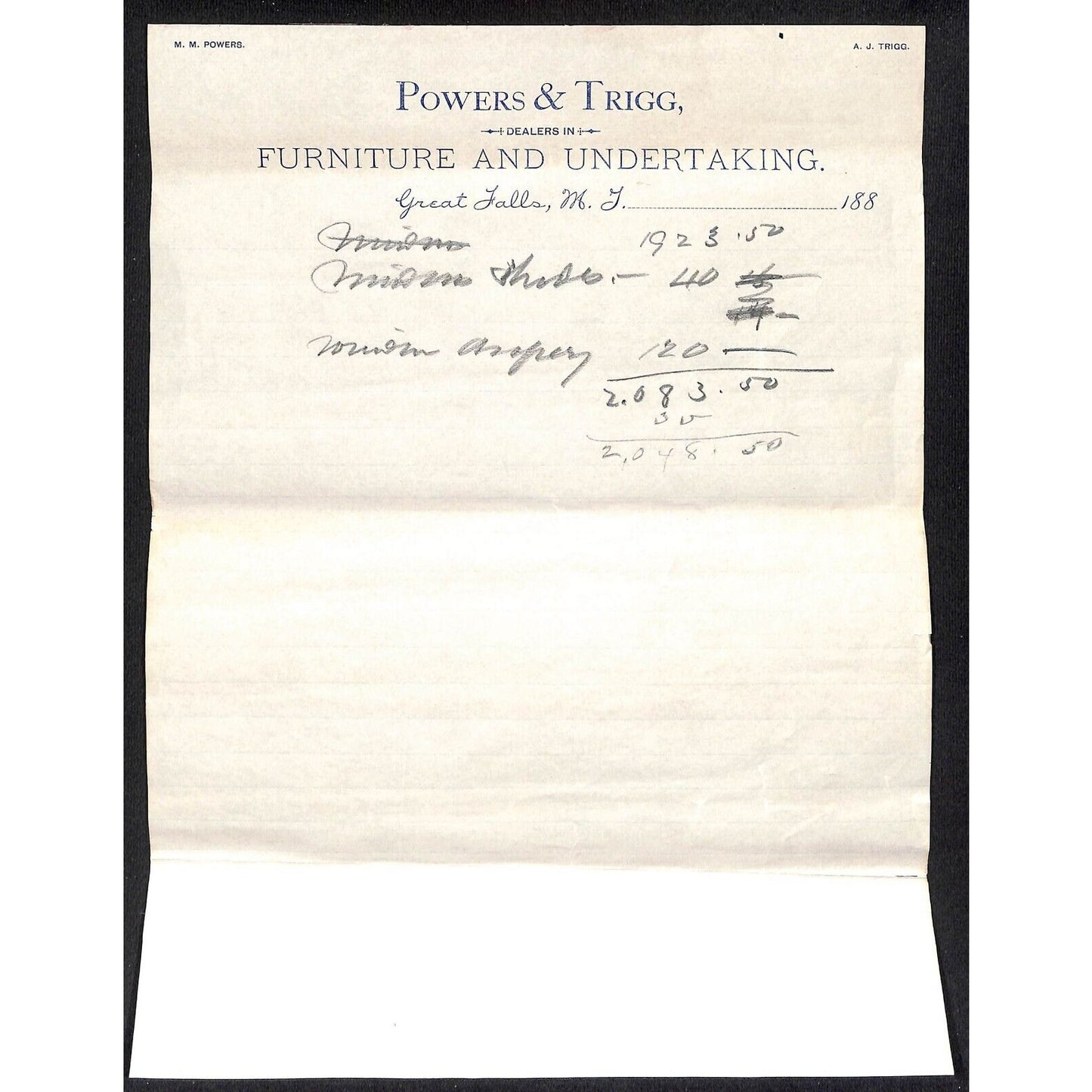 Great Falls, MT Powers & Trigg "Furniture and Undertaking" c1888 2pp Letterhead