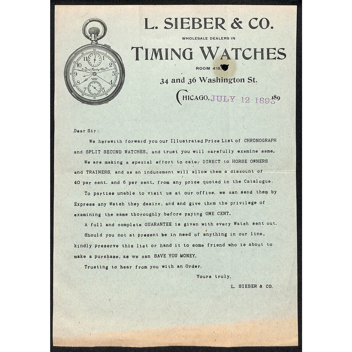 L. Sieber & Co. Timing Watches Chicago 1893 Letterhead re: Horse Owners Trainers
