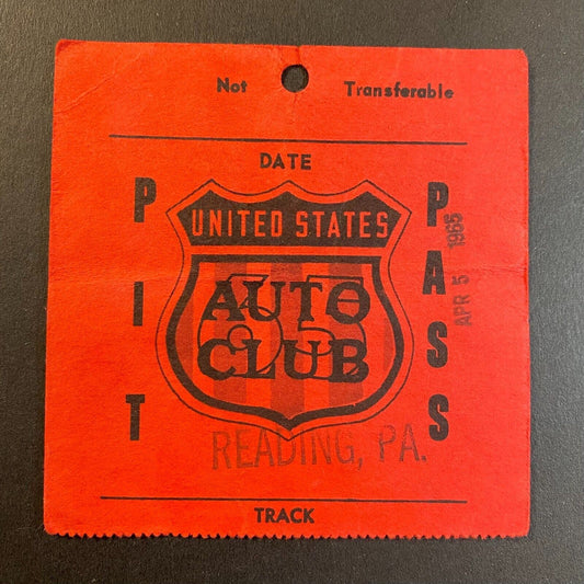 1965 Reading, PA USAC Pit Pass Auto Racing April 5 1965