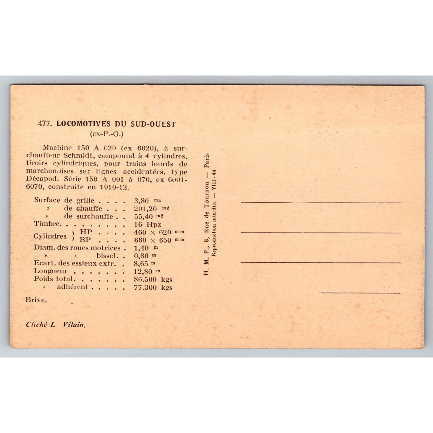 French Railroad RPPC* Postcard Machine 150 A C20 Series 150 A 01-70 c1910 H.M.P.