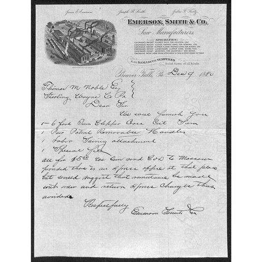 Emerson, Smith & Co. Saw Mfg Beaver Falls, PA 1880 ALS Letterhead Sterling Wayne