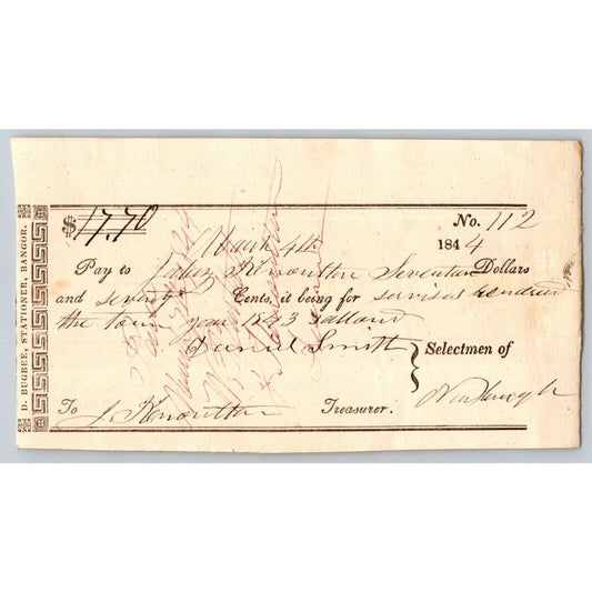 1844 Jabez Knowlton* Newburgh ME Town Check to Jabez Knowlton for Services