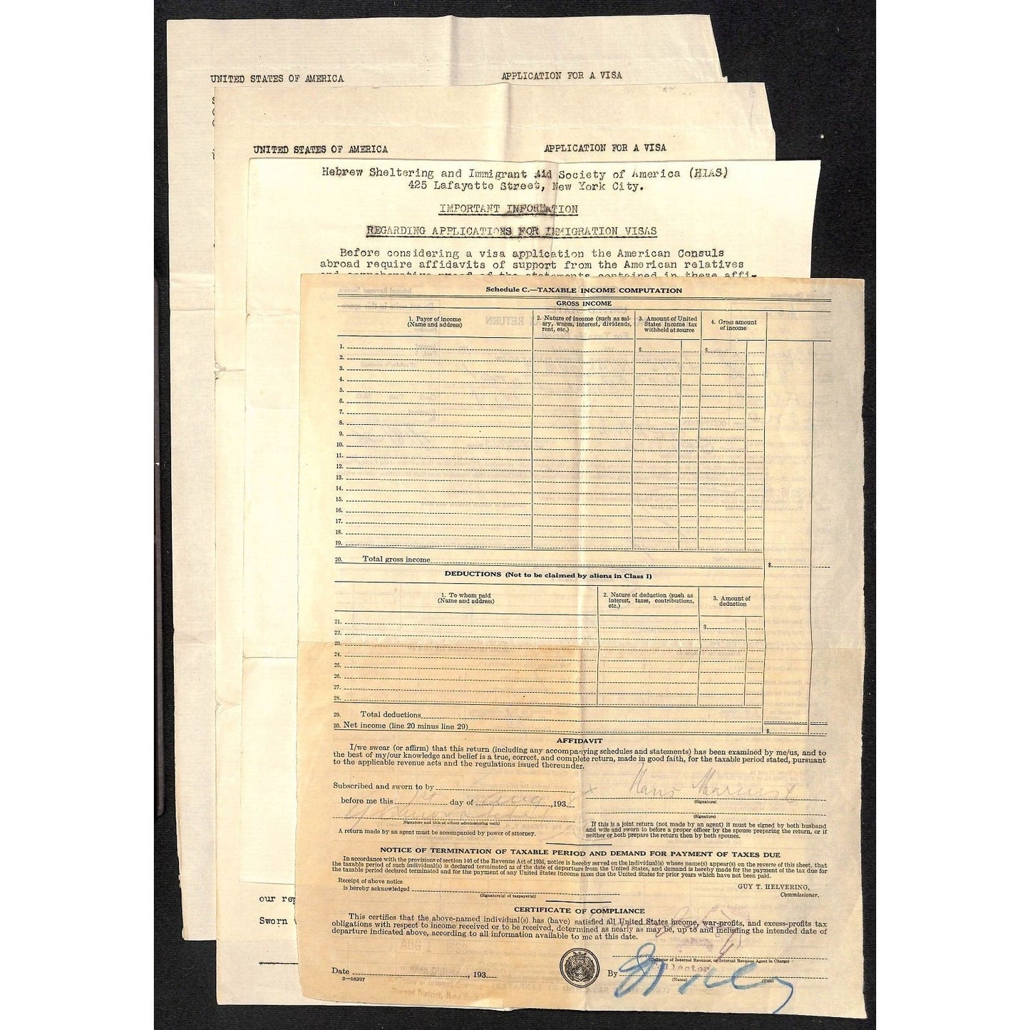 1938 U.S. "Departing Alien Income Tax Return" + 4 other Visa / Immigration pcs.