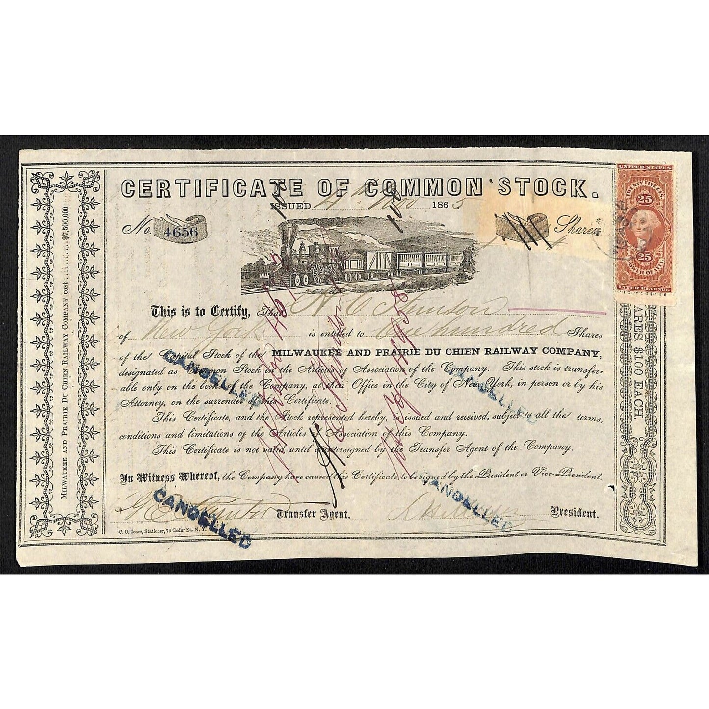 Milwaukee and Prairie Du Chien Railway 1865 Stock Certificate w/ Cert Tax Stamps