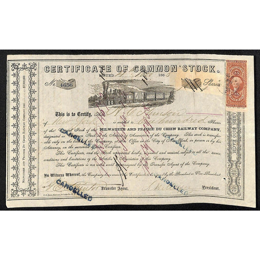 Milwaukee and Prairie Du Chien Railway 1865 Stock Certificate w/ Cert Tax Stamps