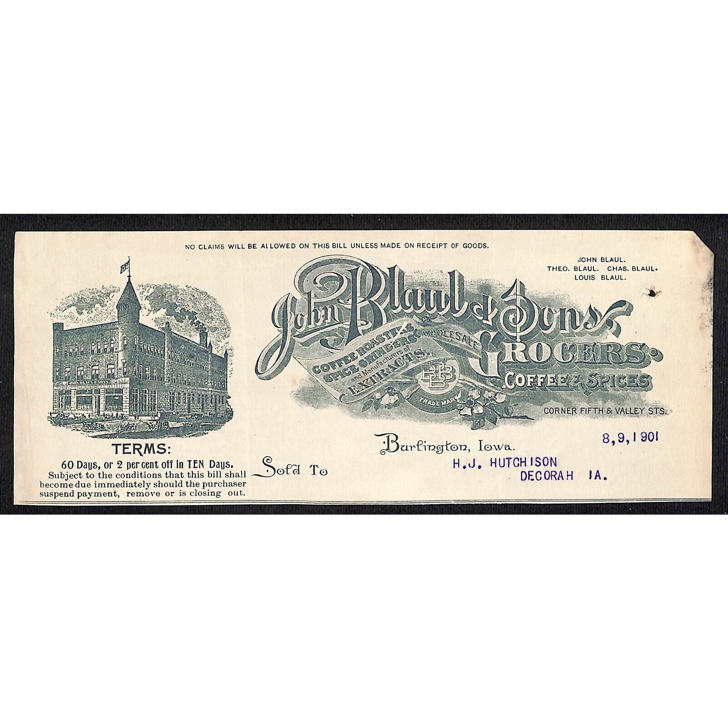 John Blaul Grocers Coffee Burlington IA Hutchinson* 8/9 1901 Cut Billhead