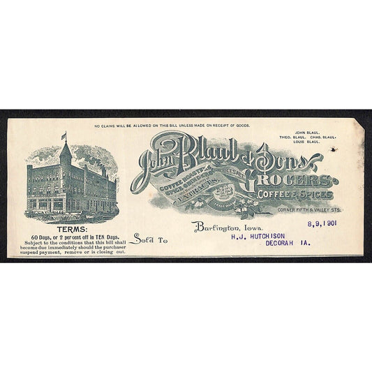 John Blaul Grocers Coffee Burlington IA Hutchinson* 8/9 1901 Cut Billhead