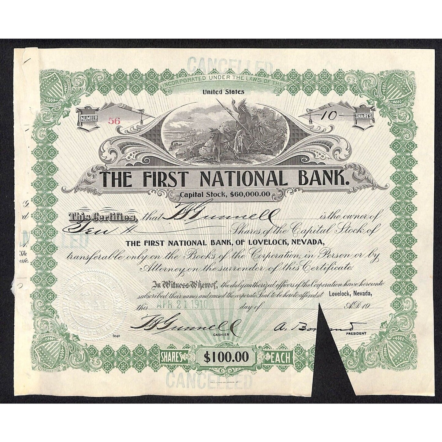 First National Bank of Lovelock, NV 1910 Stock Certificate to: F.I. Gunnell *