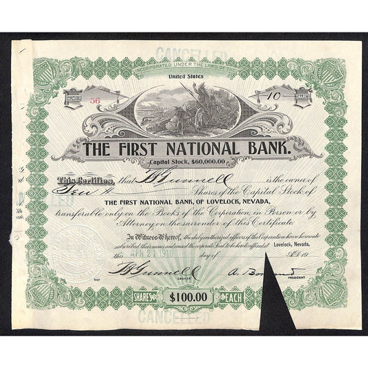 First National Bank of Lovelock, NV 1910 Stock Certificate to: F.I. Gunnell *
