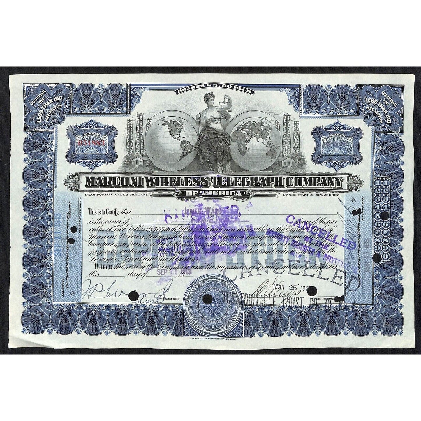 Marconi Wireless Telegraph 1913 Stock Certificate "James Ward"