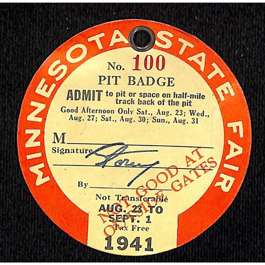 1941 Minnesota State Fair Auto Races Pit Badge Pass #100 Auto Racing VGC Scarce