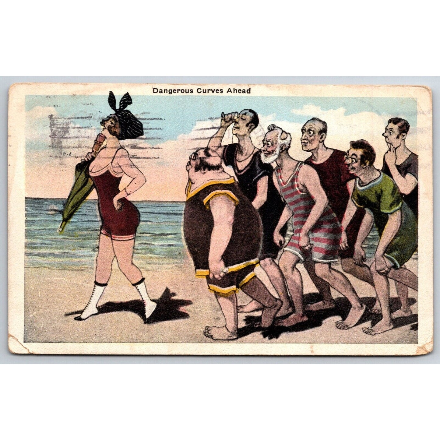 Funny Swimsuit / Beach Humor Postcard - Group of Men Follow Woman PM 1928