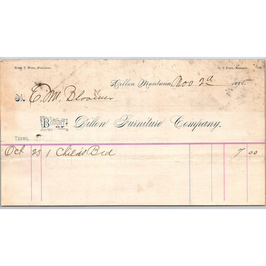 Dillon MT Dillon Furniture Company 1885 $7 Child's Bed Billhead