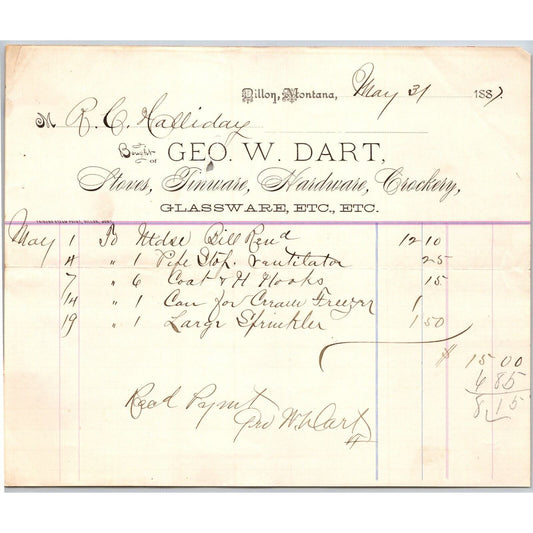 Dillon, MT Geo. W. Dart May 1887 Billhead Glassware Tinware R.C. Halliday*