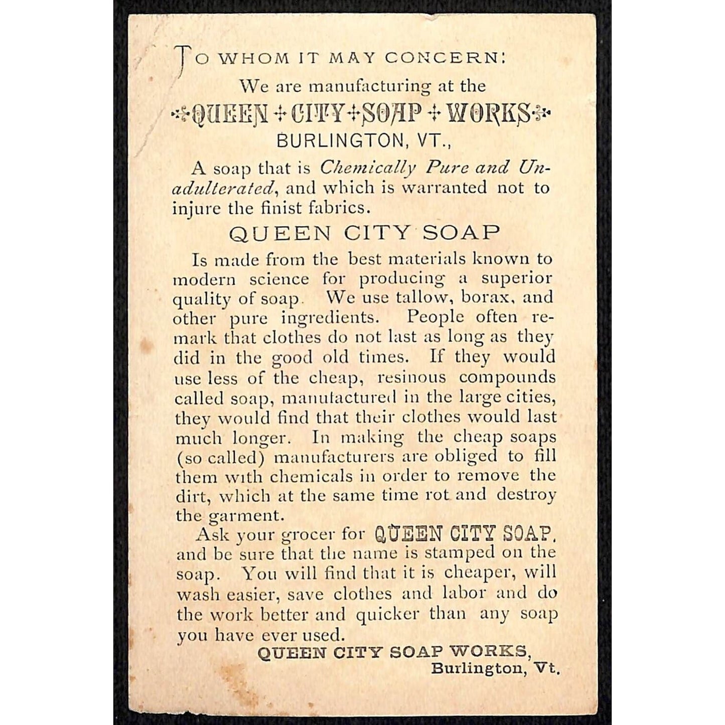 Burlington, VT Queen City Soap Works Trade Card Girl w/ Fancy Feather Hat
