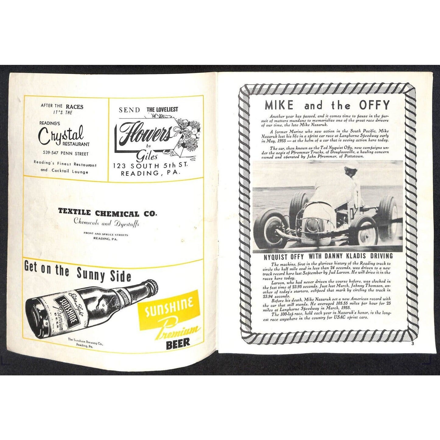 Reading Fairgrounds 1957 Mike Nazaruk Memorial Auto Race Program 12pp* Scarce