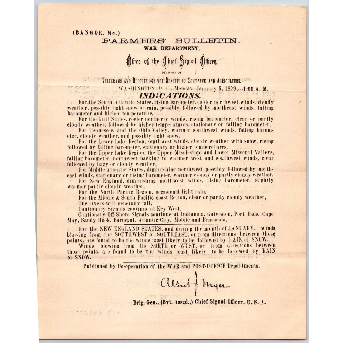 Bangor, ME Chief Signal Office, War Department Farmers' Bulletin Jan. 6, 1879