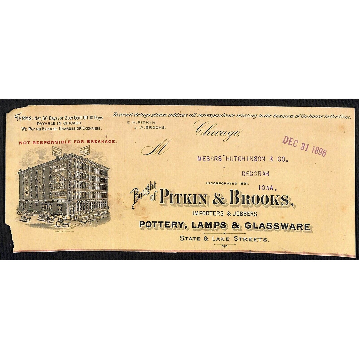 Pitkin & Brooks Pottery Chicago HJ Hutchinson Decorah, IA* Cut Dec 1896 Billhead