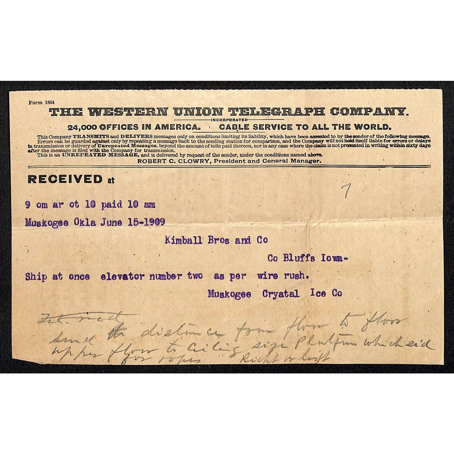 1909 Western Union Telegraph Kimball Elevators Muskogee Crystal Ice Receipt
