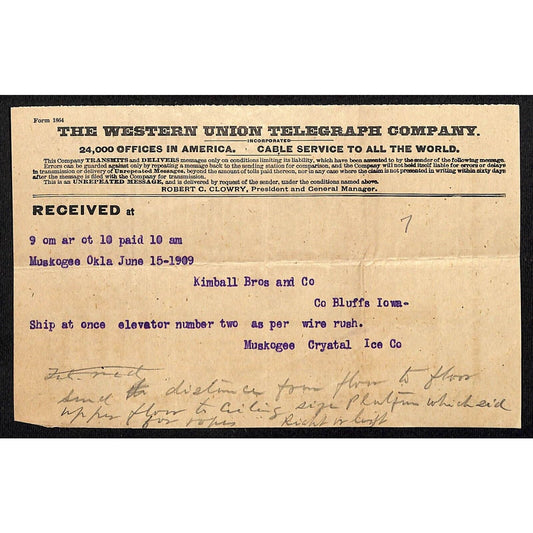 1909 Western Union Telegraph Kimball Elevators Muskogee Crystal Ice Receipt